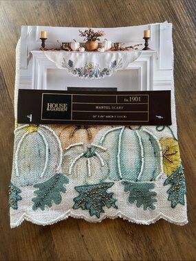 House & Garden Teal and Cream Pumpkin Embroidered Mantel Scarf 24” x 84”